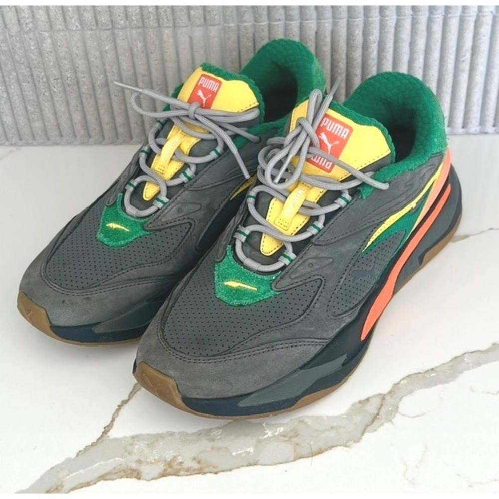 Puma RS-Fast Wild Sneakers Mens 10 Grey Suede Green Yellow Orange 380322-01